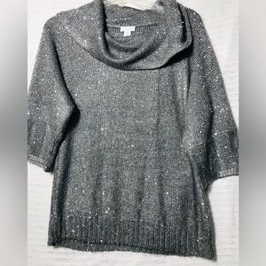 Chicos Grey Sequins Cowl Neck 3/5 Sleeve Sweater Top 1